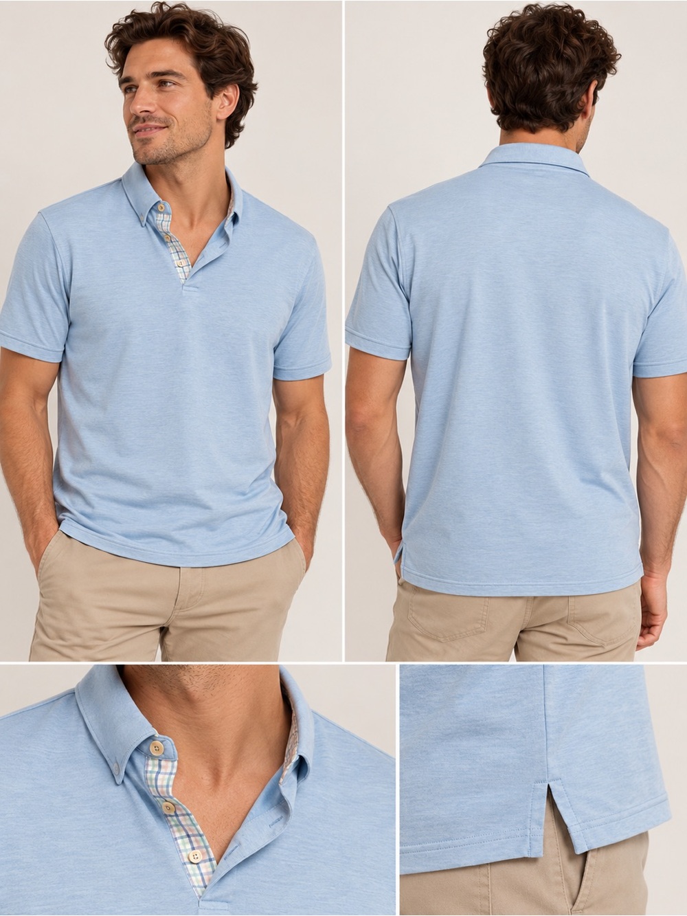 Peter Millar Light Blue Short-Sleeve Polo with Plaid Trim